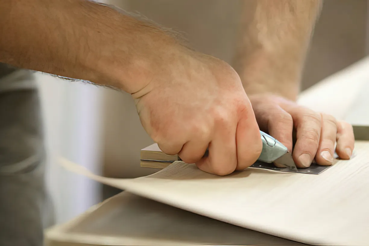 Carpenter adding venner to Particleboard