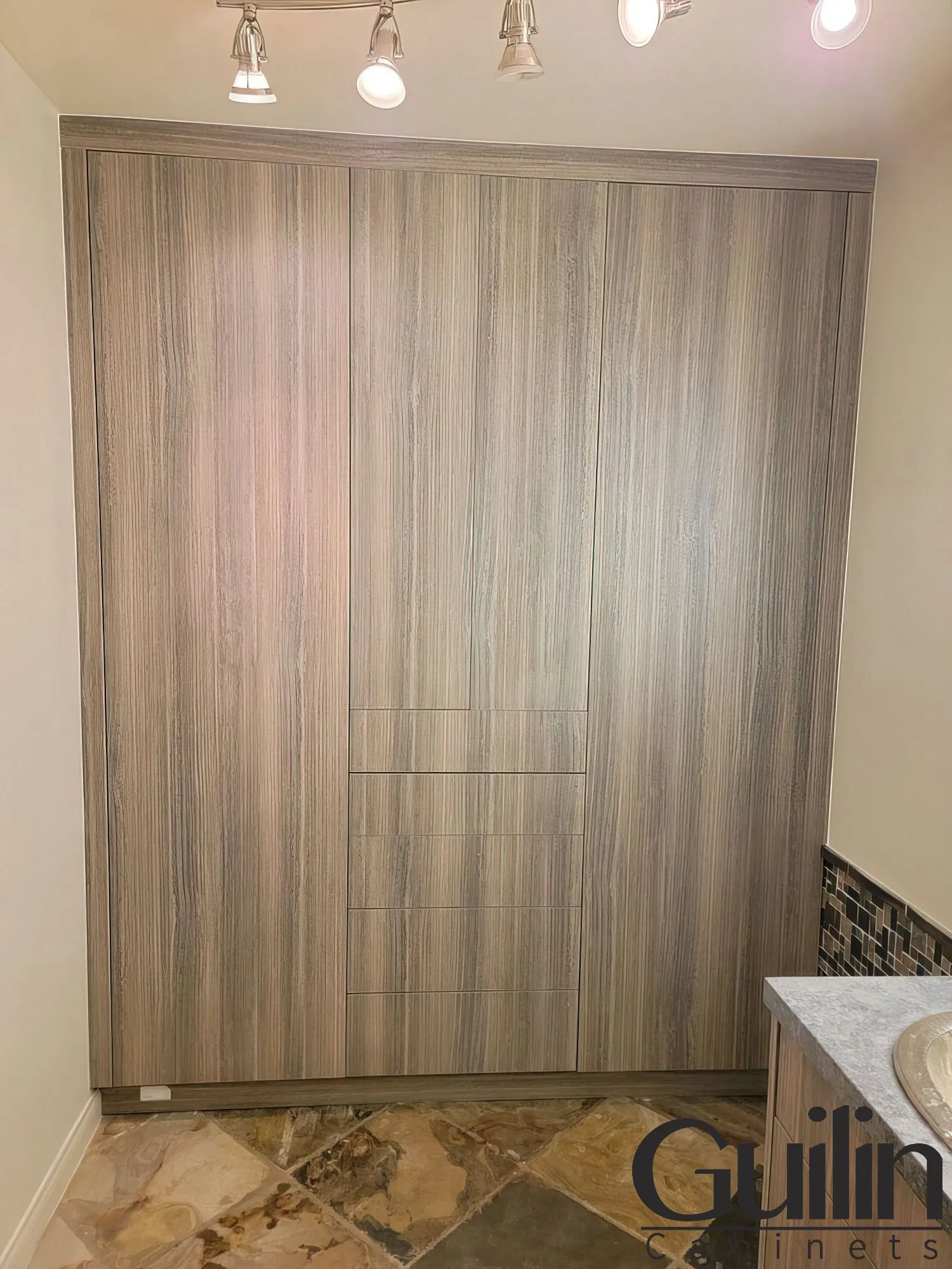 Custom Closet, Cabinet in Bathroom with Sleek, Vanity Look Santa