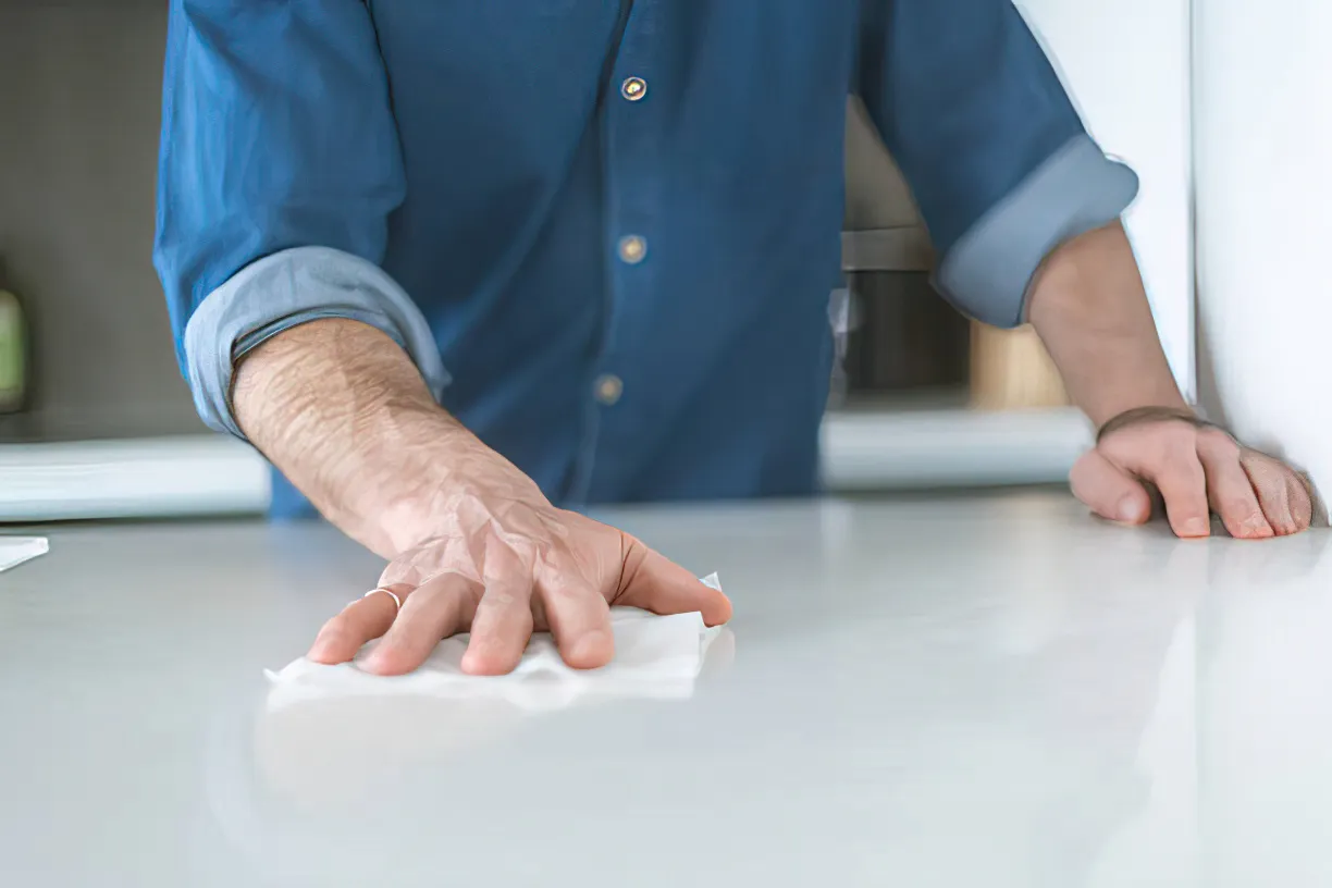 Blot the stain is the first step to dealing with a tough stain on a quartz countertop is to blot the stain