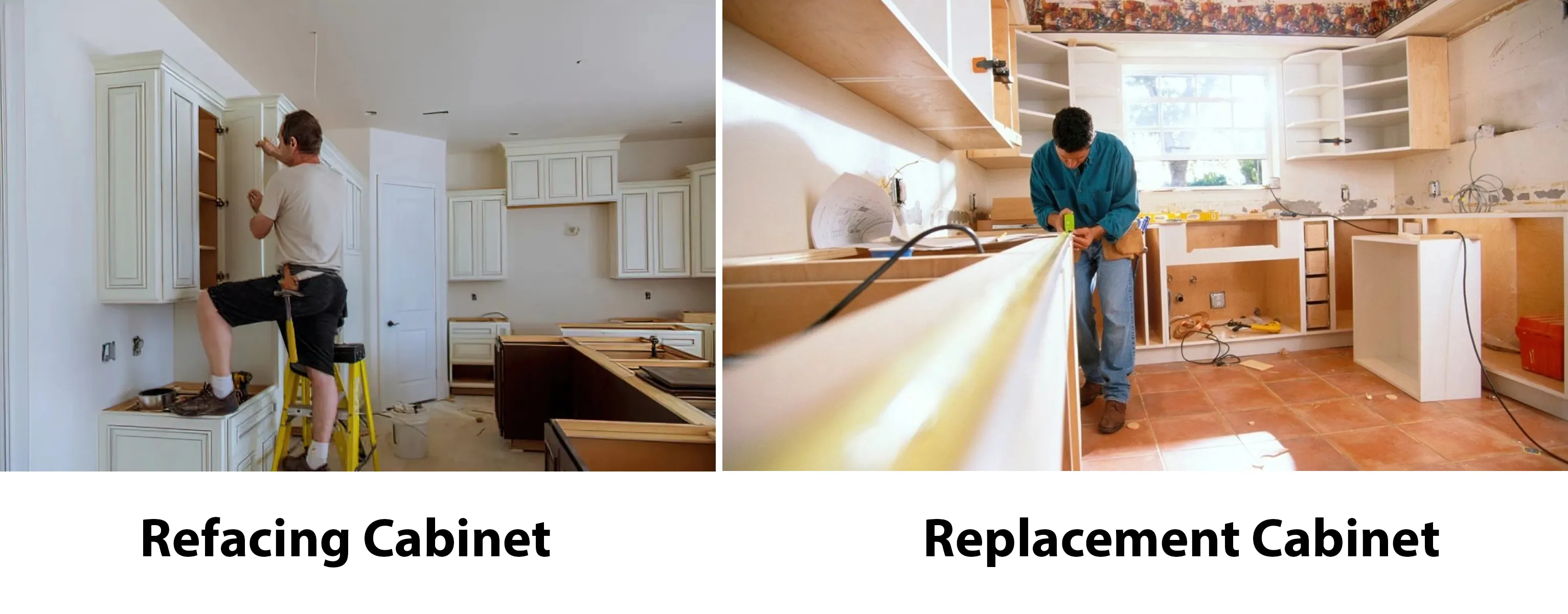 Biggest difference betweenthem: Refacing keeping the existing cabinet boxes, replacement removing the old cabinets and installing entirely new ones