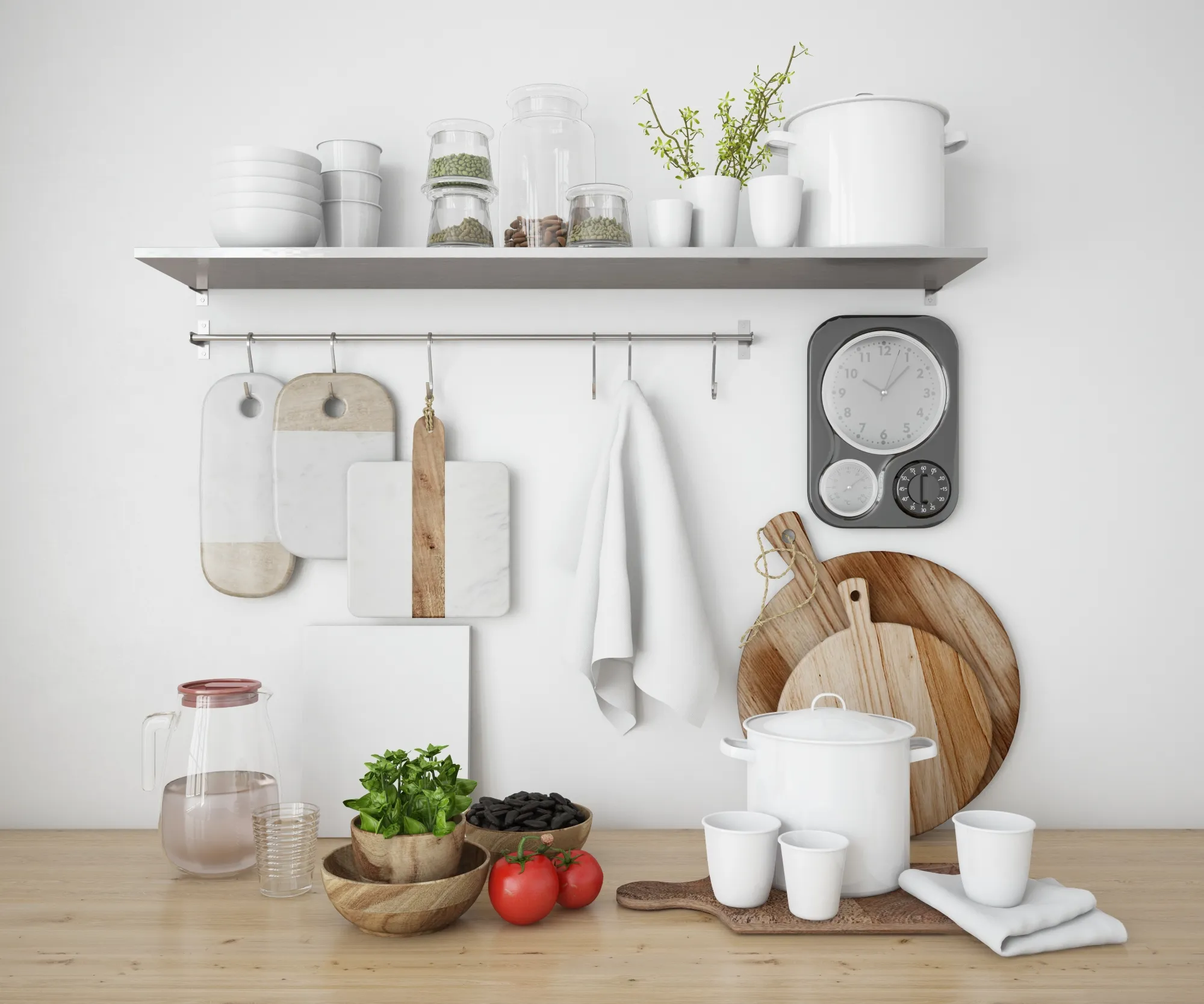 Hang your pots and pans from a ceiling or wall-mounted rack to help you have more countertops space.