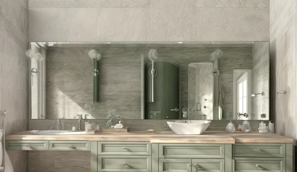 A bathroom cabinet painted sage green is a calming and eco-friendly option.