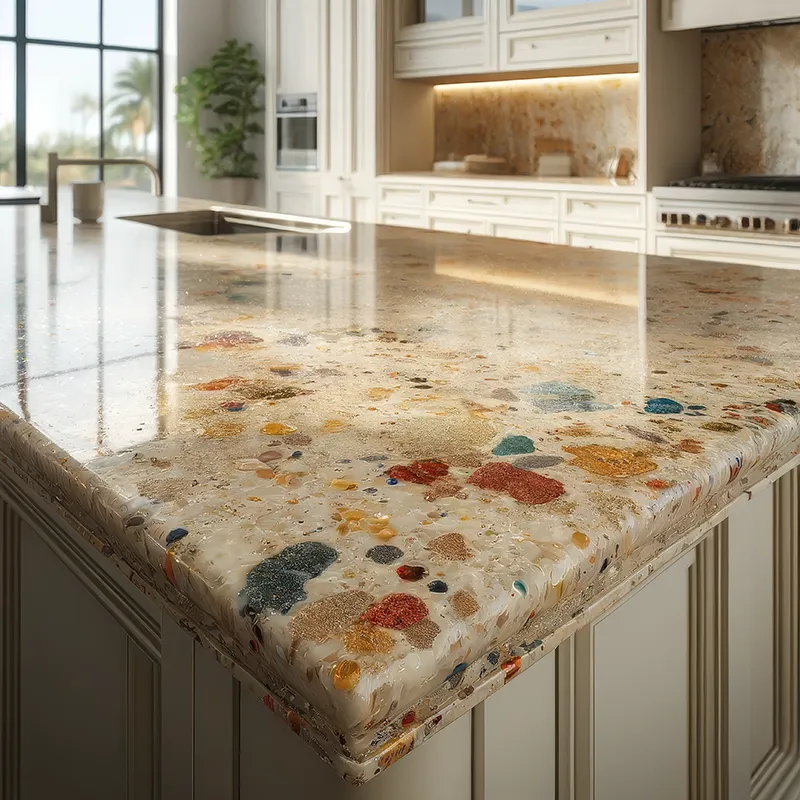 a kitchen countertop designed with a base of cream and beige tones, enhanced with vibrant flecks of color.