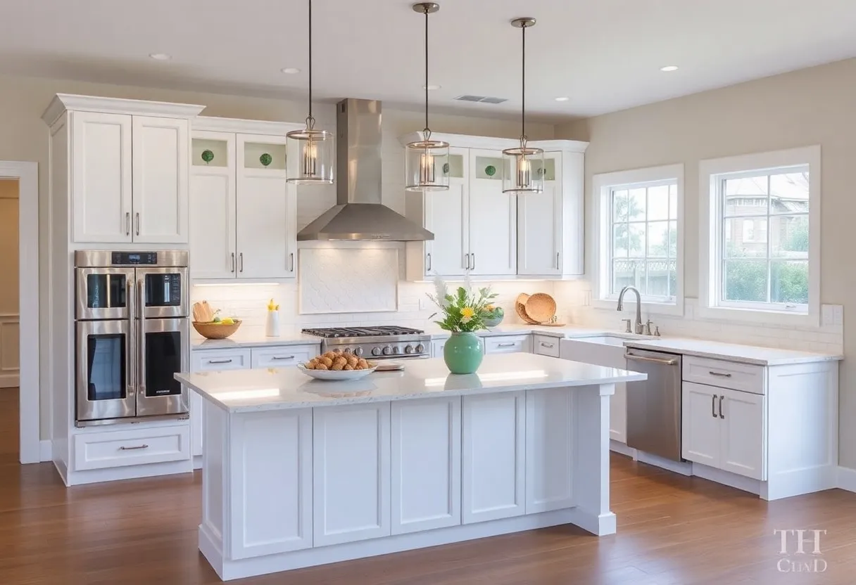 White Kitchen Cabinets with White Kitchen Island