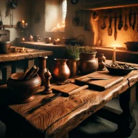 Wooden countertop in medieval kitchen 1