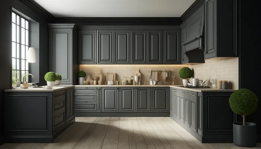 A kitchen with true dark grey cabinets contrasted against a cream and beige countertop