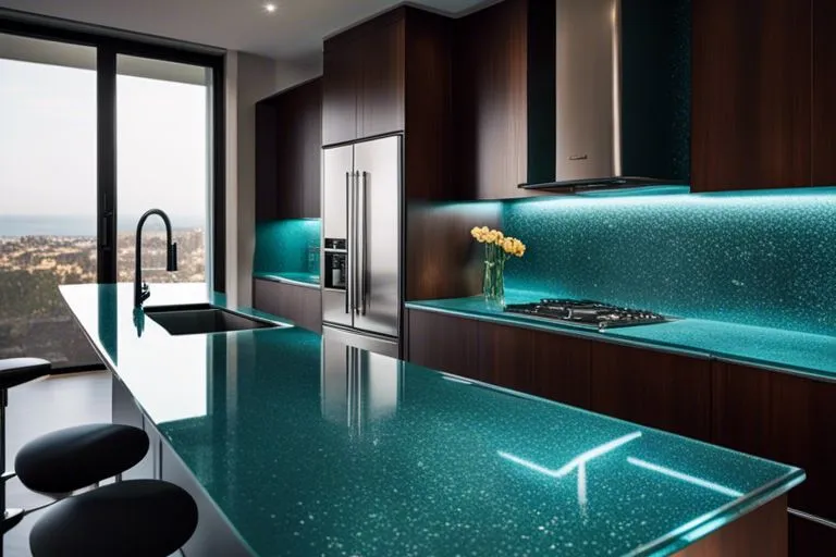 Countertops made from crushed glass blend recycled glass with a binding agent such as epoxy or cement to create a durable and visually appealing surface.