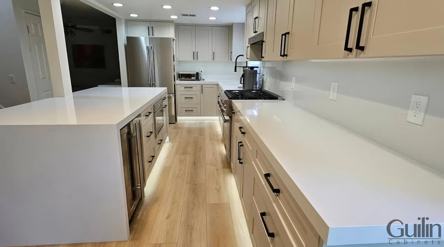 Lake Forest Sleek and Contemporary White Galley Kitchen Remodel with Quartz Countertops and Shaker Cabinets