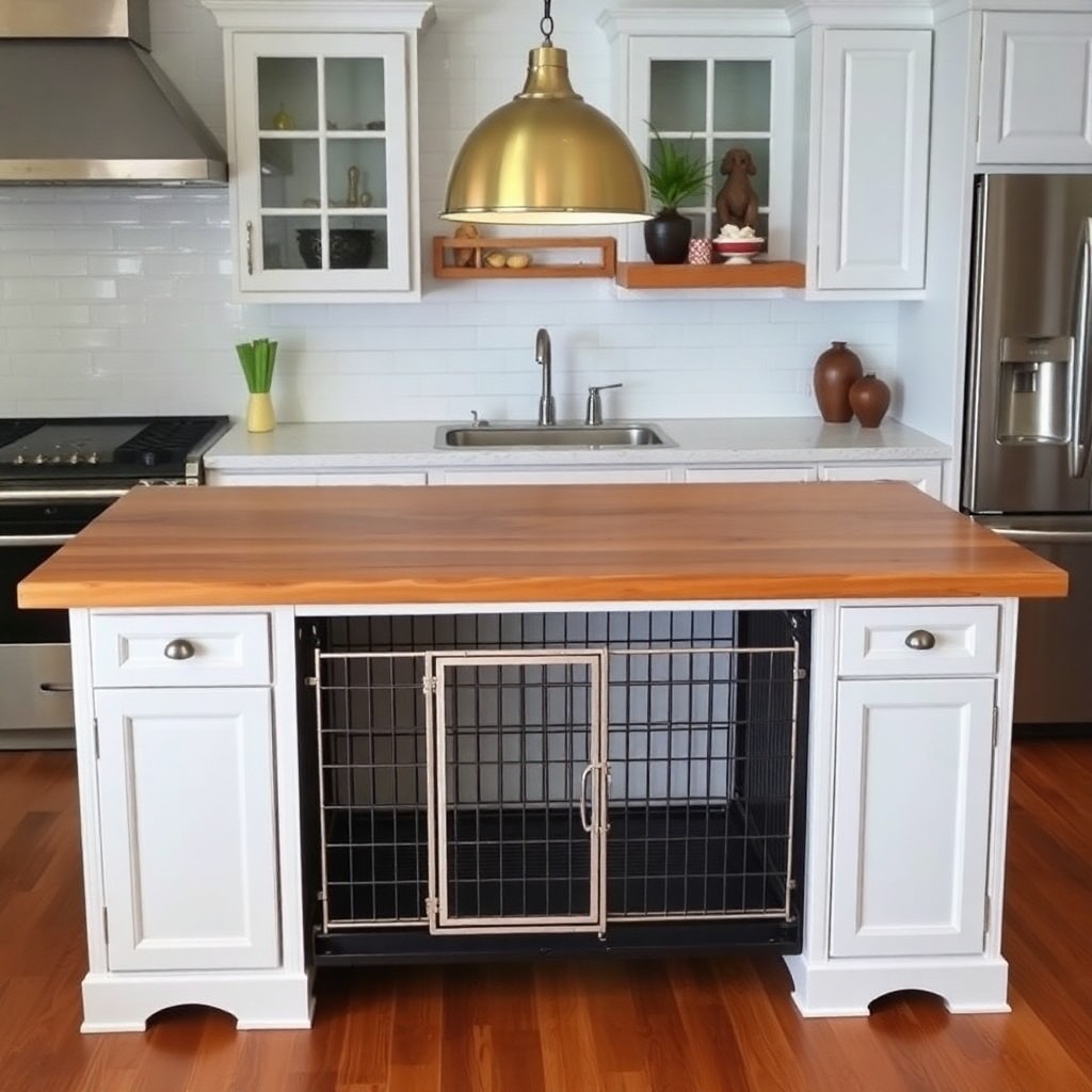 The kitchen island with a dog crate can serve as a multi-functional space that combines style, practicality, and pet-friendly design.