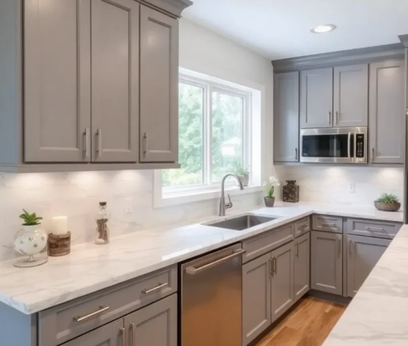Quartz Countertops with Gray Cabinets 1